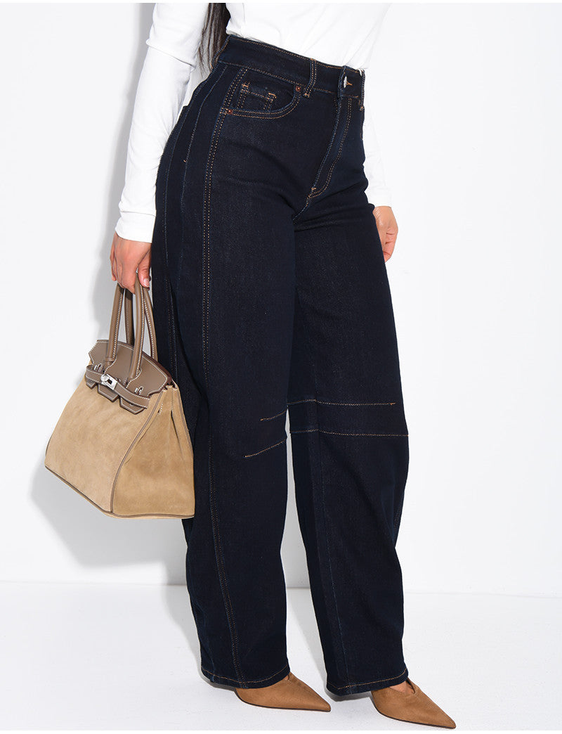 Jeans coupe ballon bleu brut à surpiqures