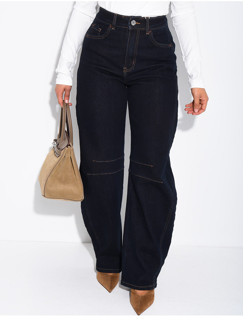 Jeans coupe ballon bleu brut à surpiqures