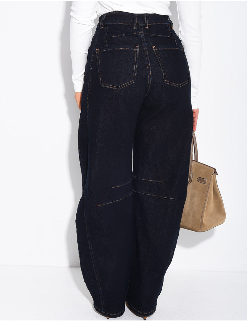 Jeans coupe ballon bleu brut à surpiqures