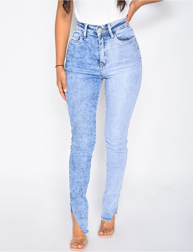 Jeans skinny taille haute bi-color à fentes
