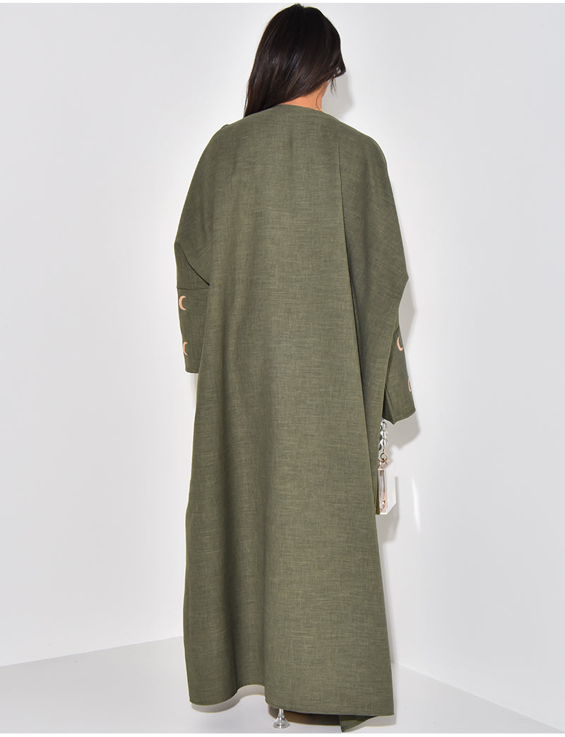 Kimono effet lin à motifs lune brodés sur les manches