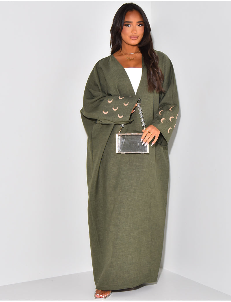 Kimono effet lin à motifs lune brodés sur les manches