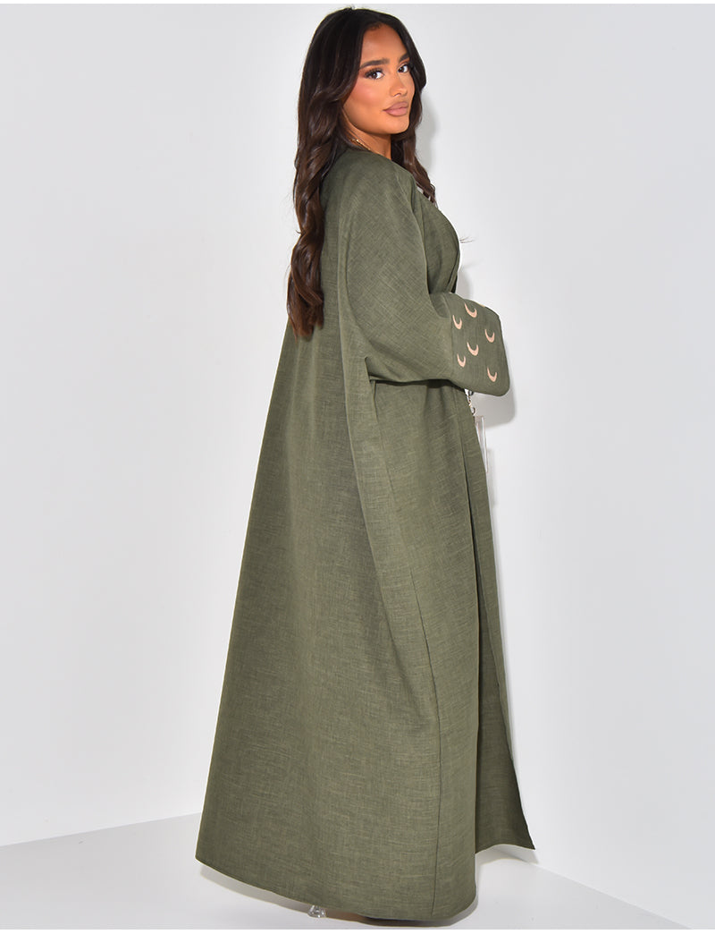 Kimono effet lin à motifs lune brodés sur les manches
