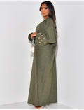 Kimono effet lin à motifs lune brodés sur les manches