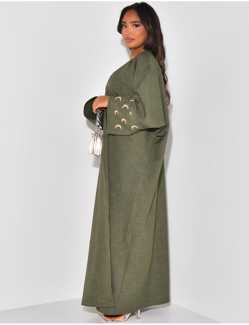 Kimono effet lin à motifs lune brodés sur les manches