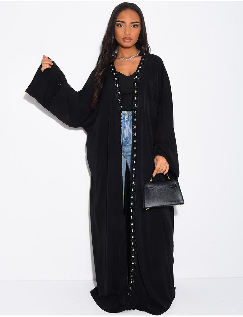 Kimono long en voile à bordures ornées de perles et de strass