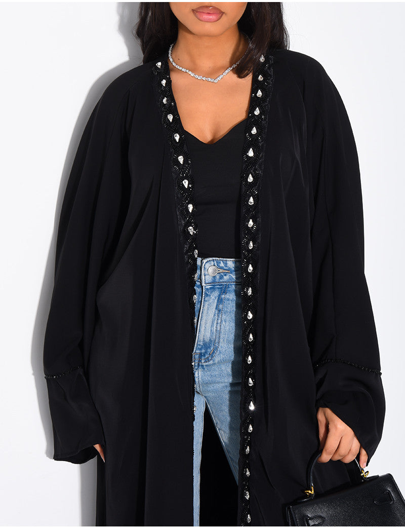 Kimono long en voile à bordures ornées de perles et de strass
