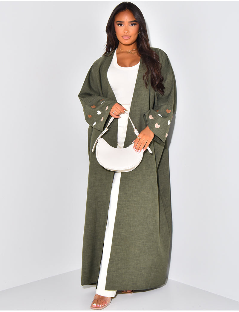Kimono effet lin à motifs coeurs brodés sur les manches