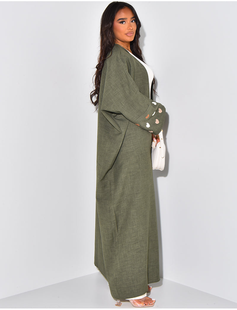 Kimono effet lin à motifs coeurs brodés sur les manches