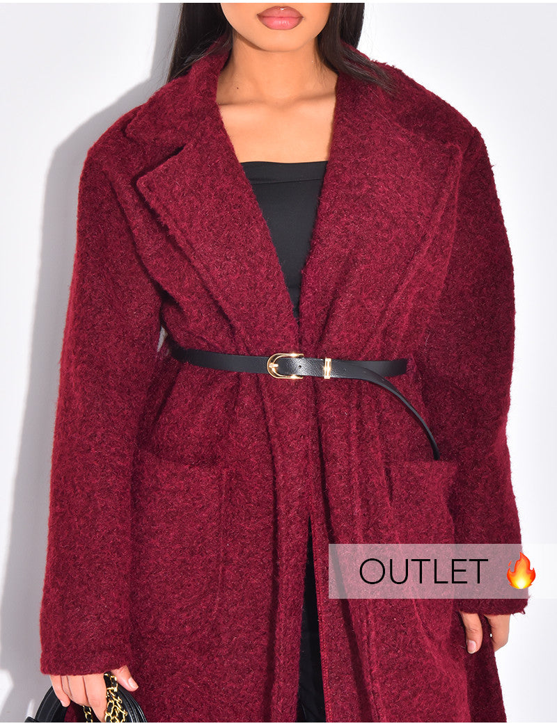 Manteau long en laine bouillie à ceinture à la taille