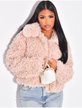 Veste courte en fourrure effet mouton bouclé rose