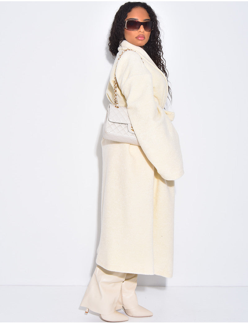 Manteau long très oversize en laine bouillie à nouer à la taille