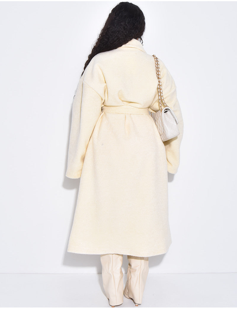 Manteau long très oversize en laine bouillie à nouer à la taille