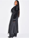 Manteau long en similicuir fourré & empiècements contrastants
