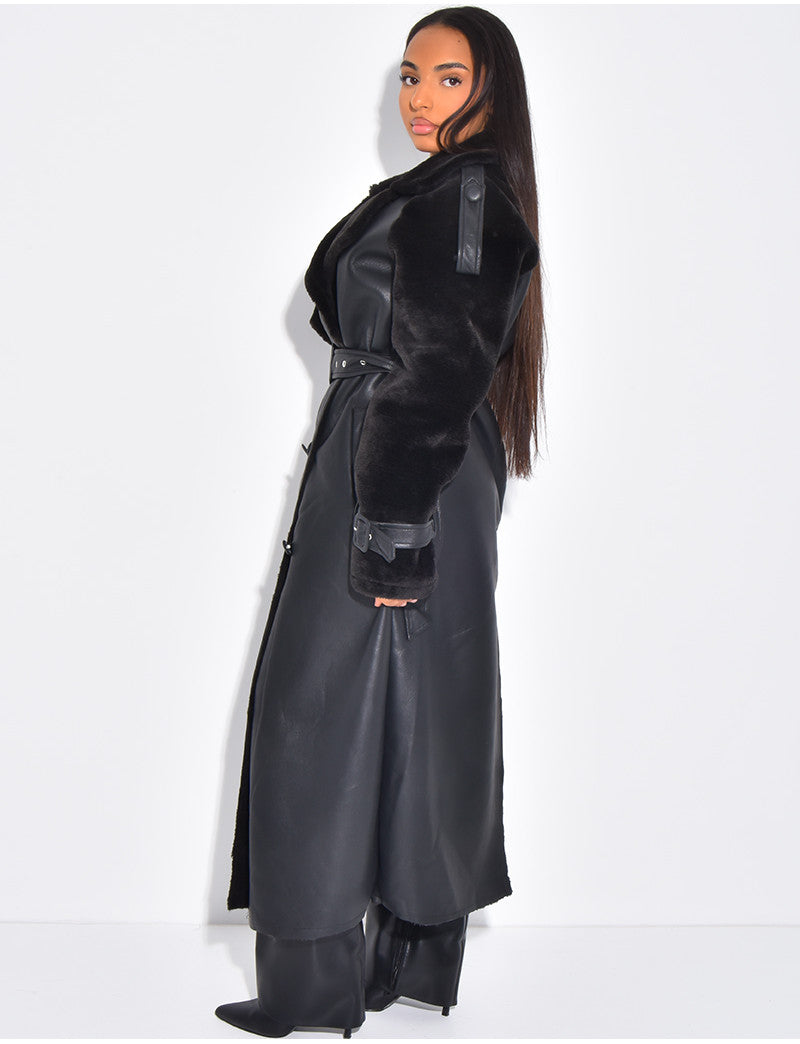 Manteau long en similicuir fourré & empiècements contrastants
