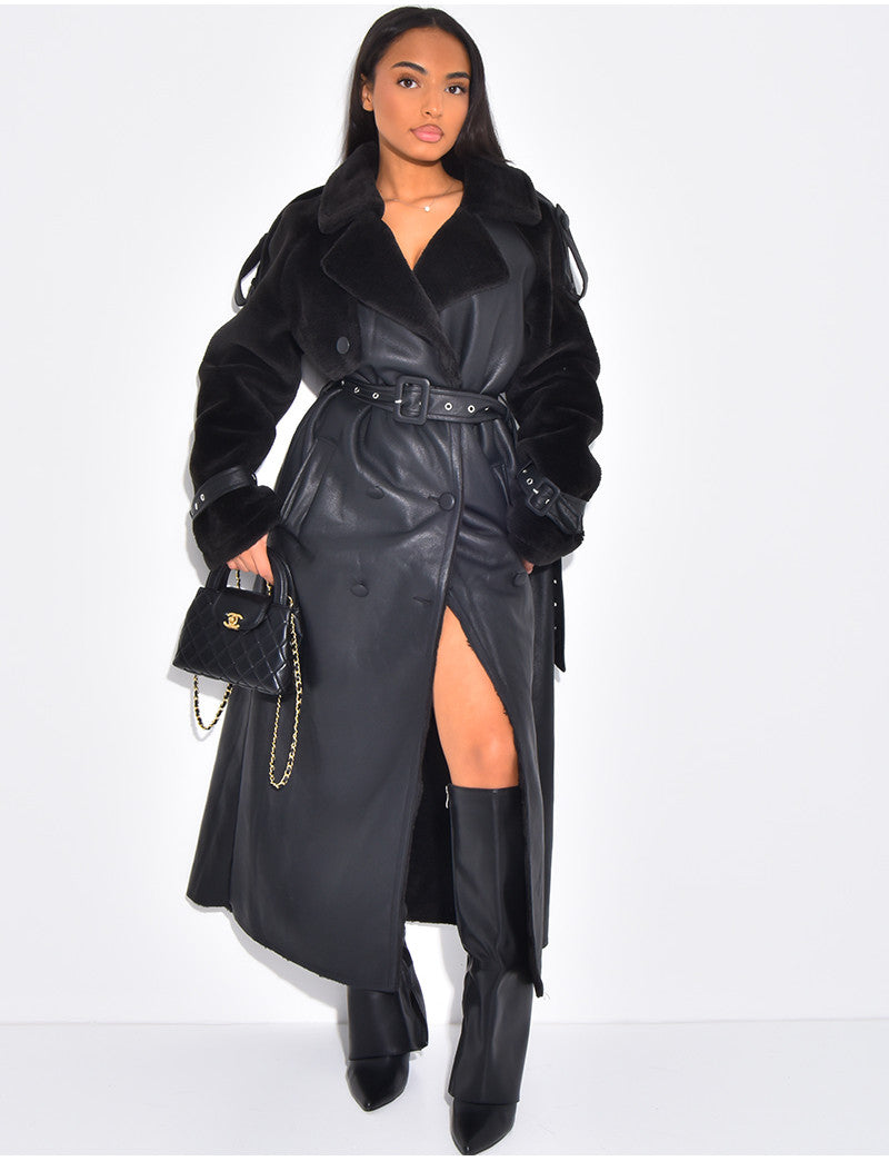 Manteau long en similicuir fourré & empiècements contrastants