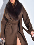 Manteau long en feutrine à col en fausse fourrure