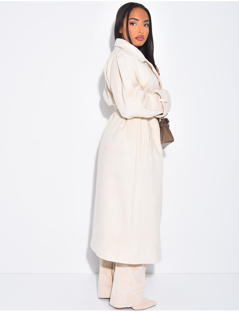 Trench long en feutrine premium boutonné à nouer