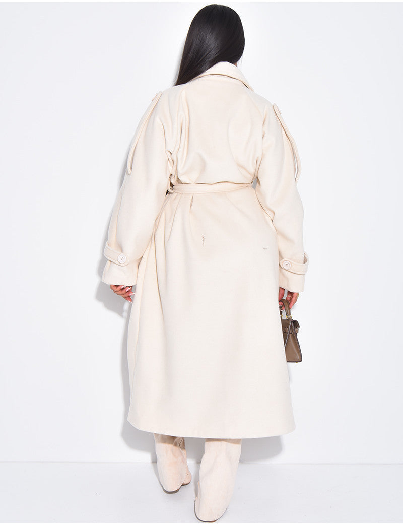 Trench long en feutrine premium boutonné à nouer