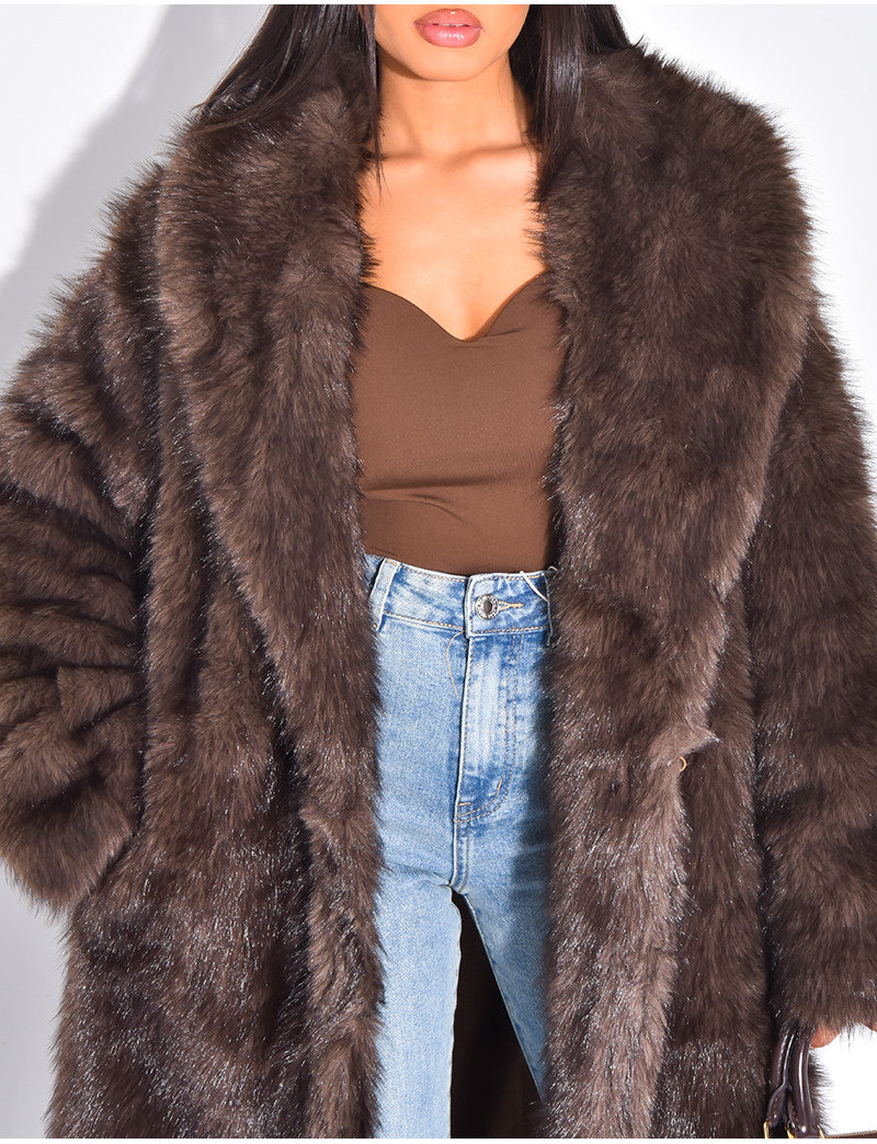 Manteau oversize à fourrure premium marron froid