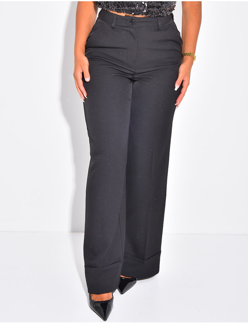 Pantalon de tailleur taille haute pailleté à revers