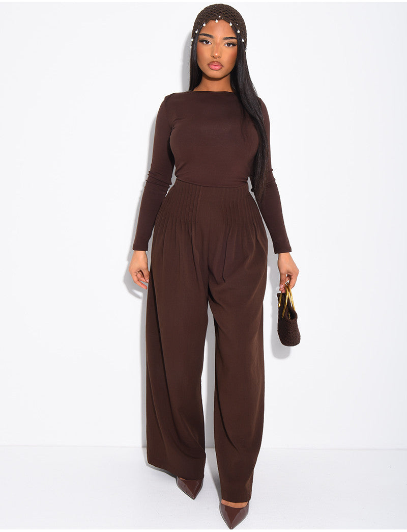 Pantalon effet lin droit froncé à la taille