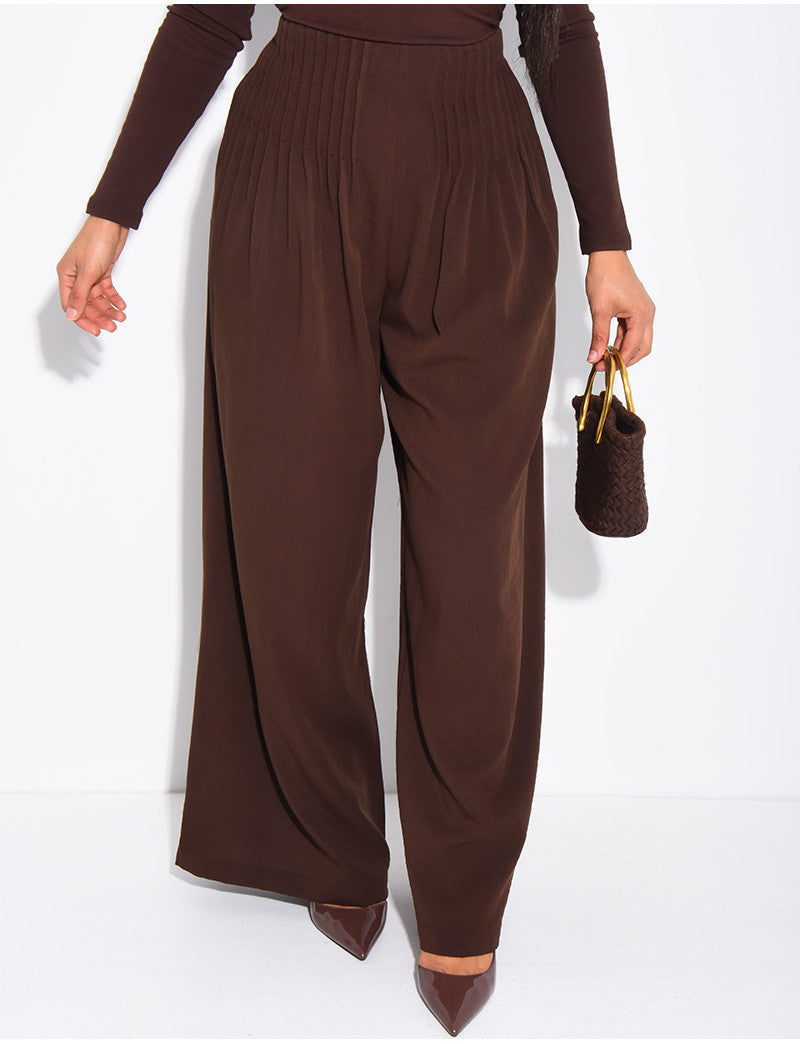 Pantalon effet lin droit froncé à la taille