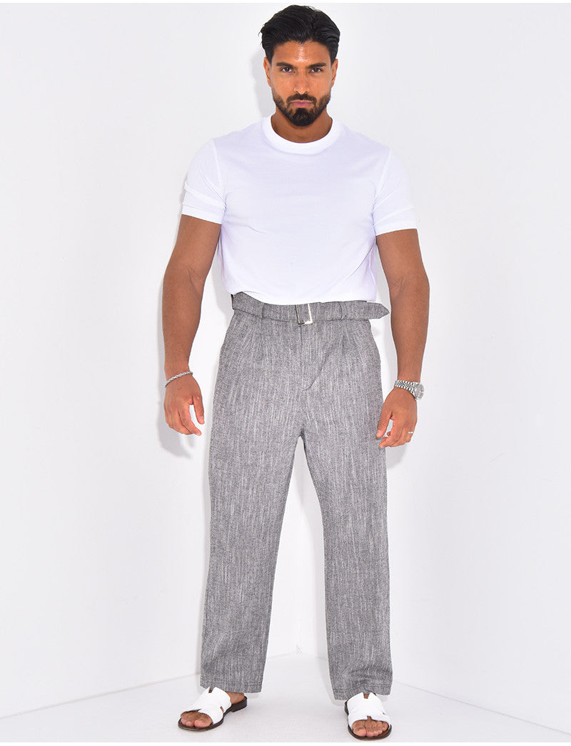 Pantalon en lin effet chiné avec ceinture