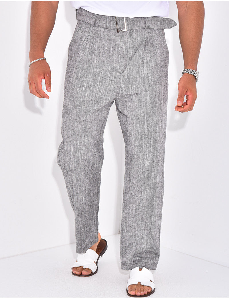 Pantalon en lin effet chiné avec ceinture