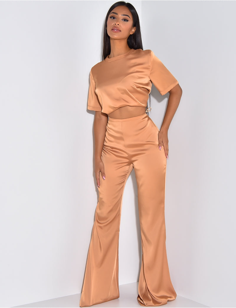 Pantalon en satin fluide taille haute patte d'eph