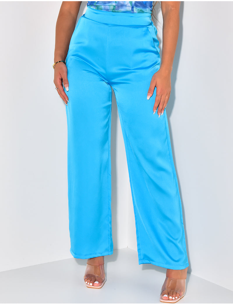 Pantalon taille haute en satin fluide