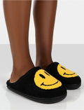 Pantoufles à smiley imprimé noir & jaune