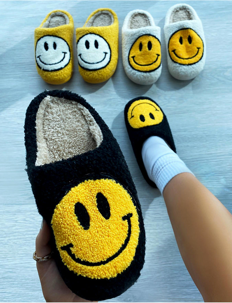 Pantoufles à smiley imprimé noir & jaune