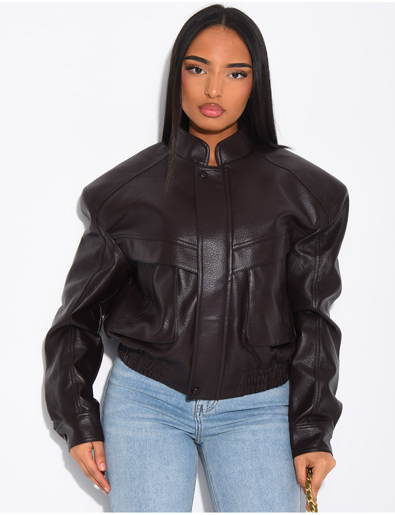 Bombers court en similicuir grainé & épaulettes