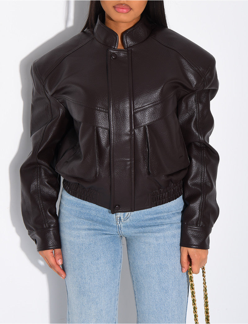 Bombers court en similicuir grainé & épaulettes