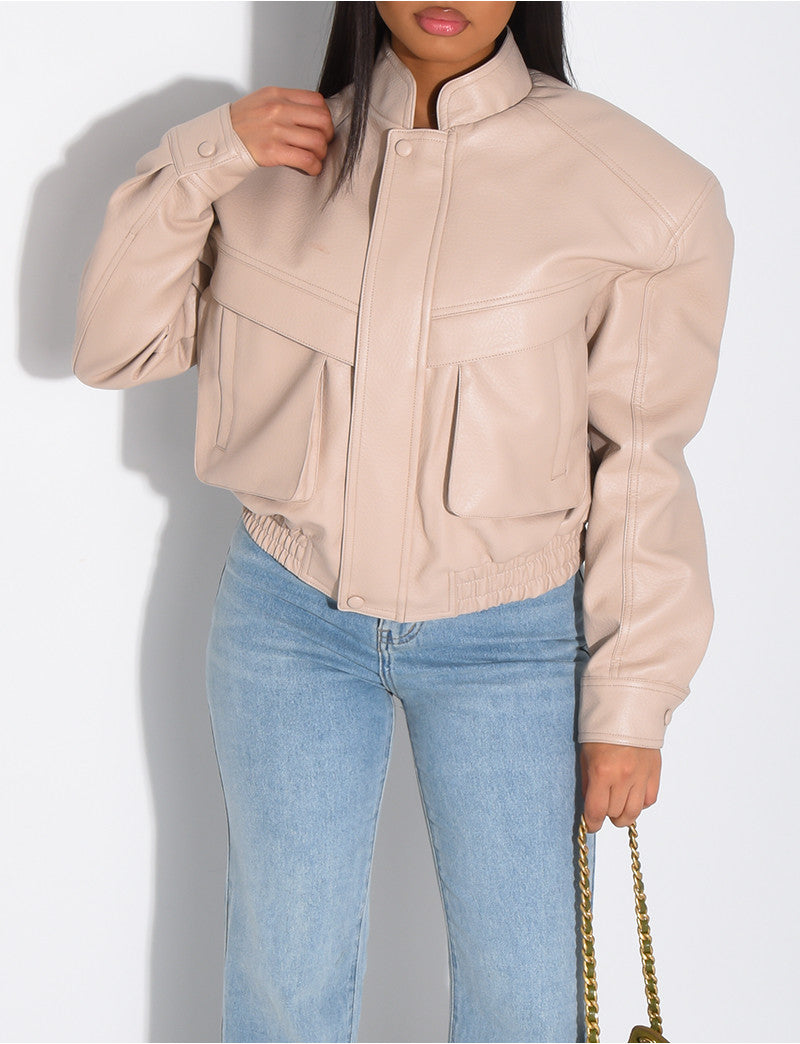 Bombers court en similicuir grainé & épaulettes