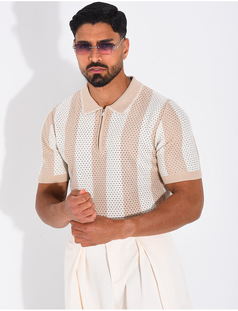 Polo ajouré et rayé à zip