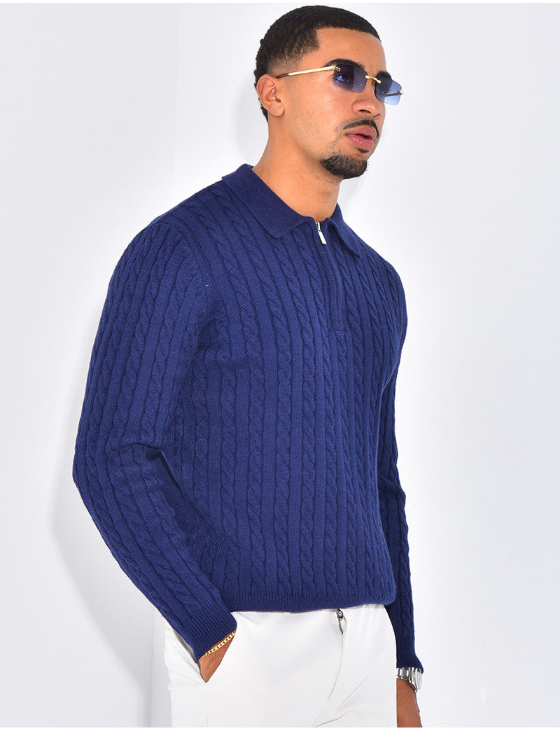 Pull côtelé à col zippé