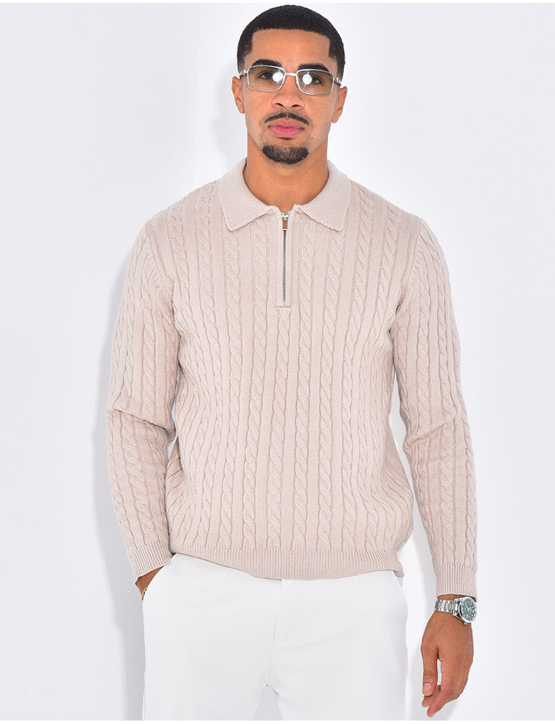 Pull côtelé à col zippé