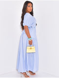 Robe longue en coton manches courtes à perles et ceinture à la taille