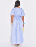 Robe longue en coton manches courtes à perles et ceinture à la taille