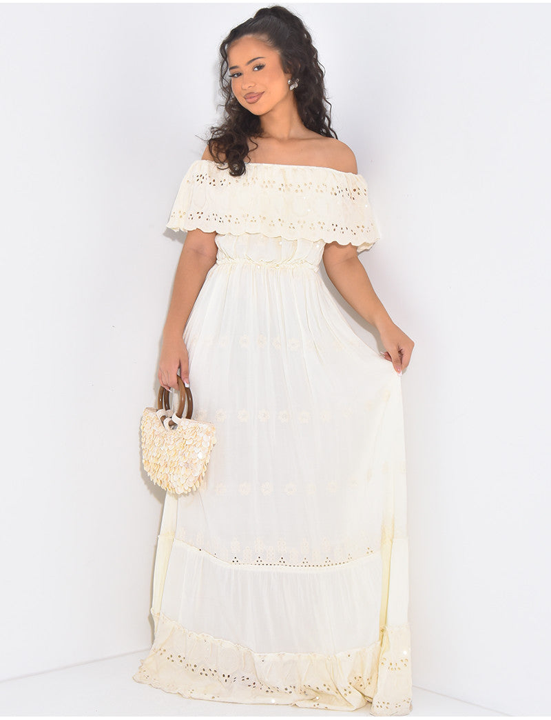 Robe longue épaules dénudées à broderies