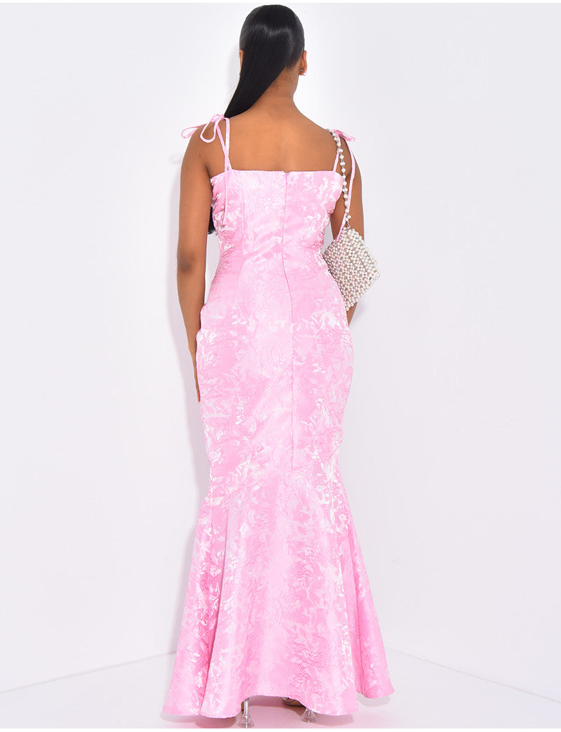 Robe sirène longue à motif ton sur ton brodé