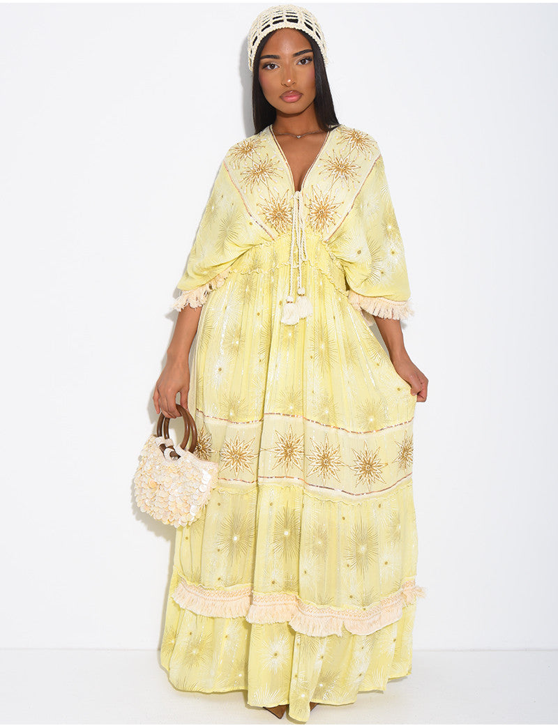 Robe bohème longue à broderies et perles