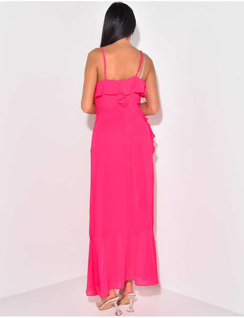 Robe longue en voile à volants