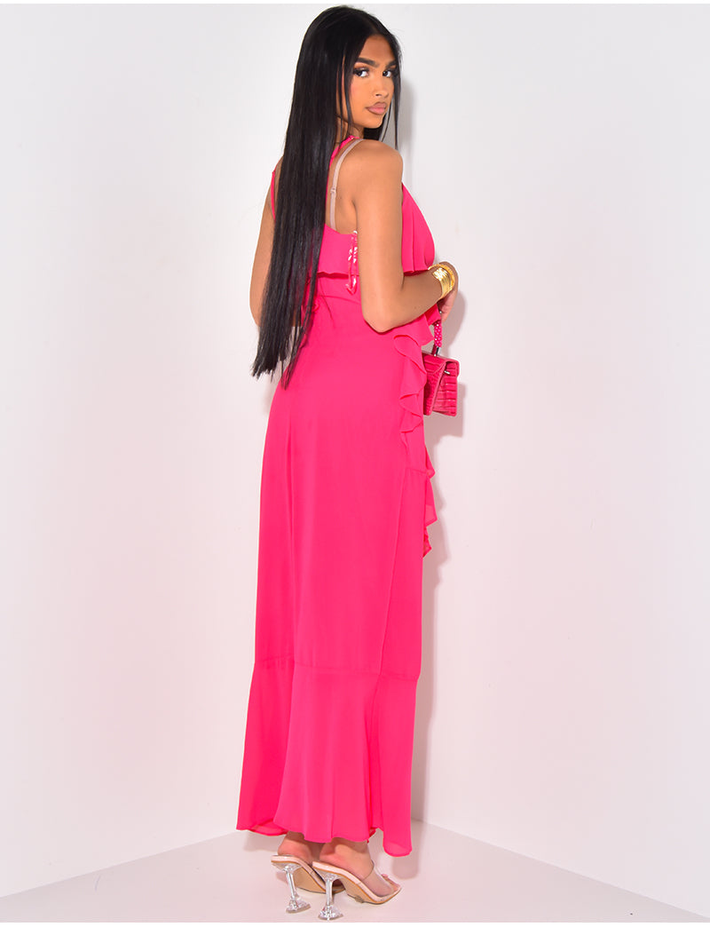 Robe longue en voile à volants