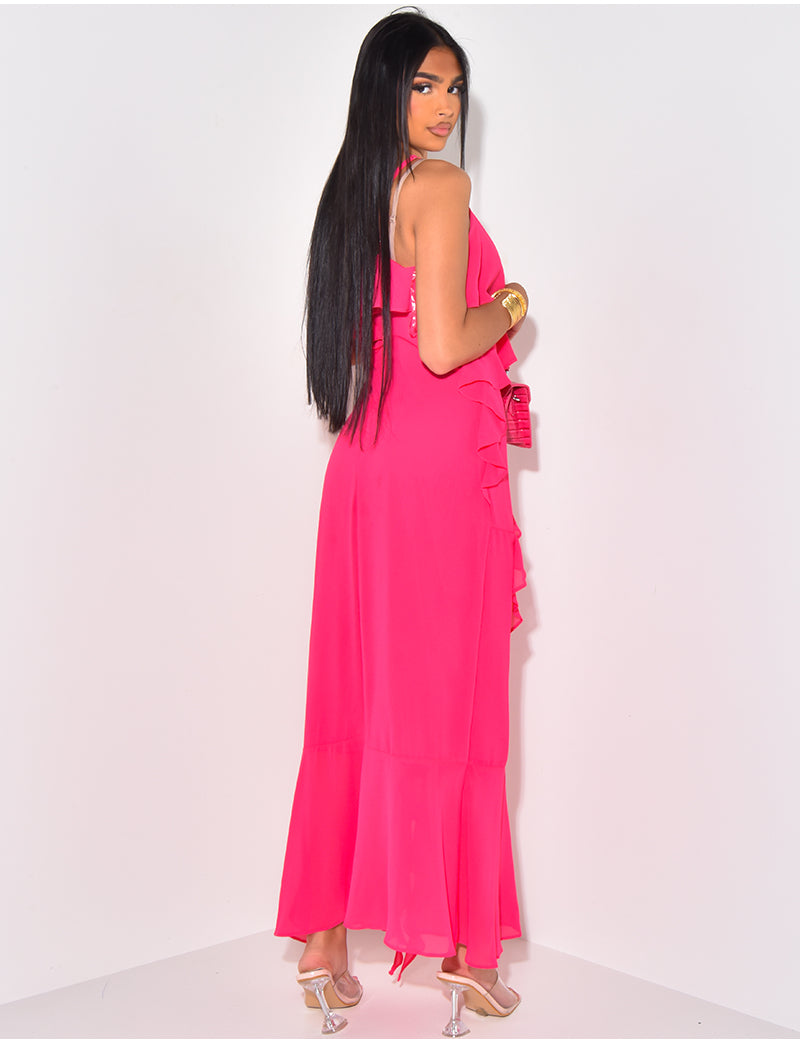 Robe longue en voile à volants