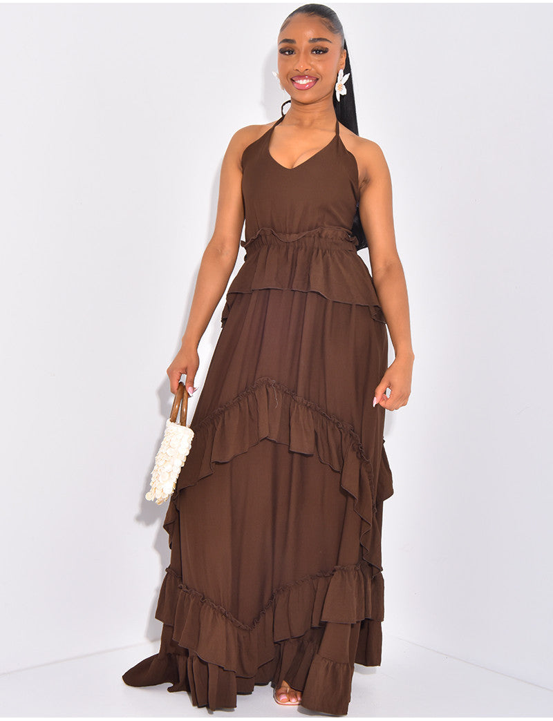 Robe longue à volants évasée & dos nu