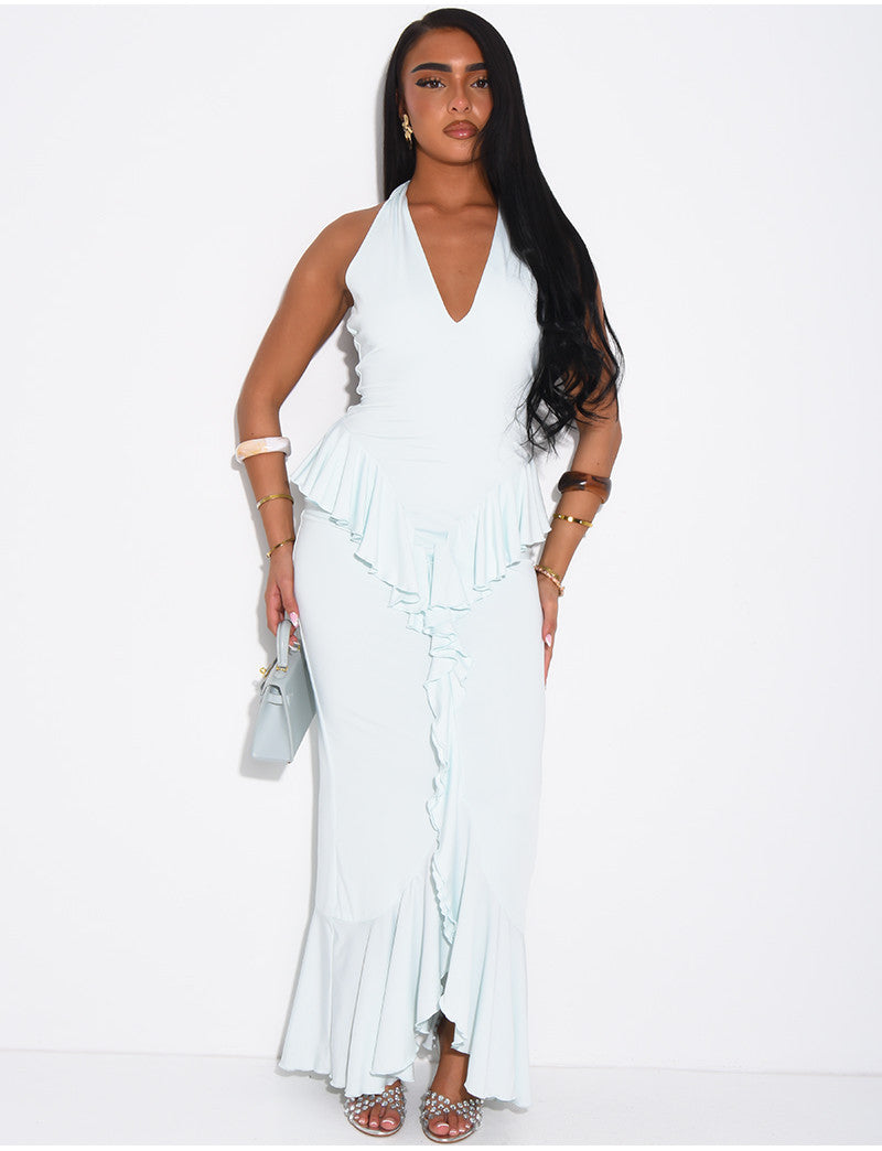 Robe moulante dos nu à volants