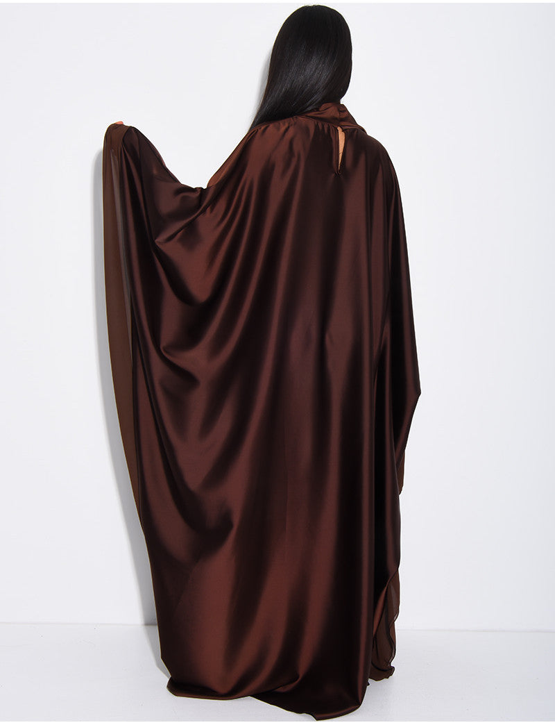 Robe abaya en satin épais et bordures en voile transparent à cintrer à l'intérieur